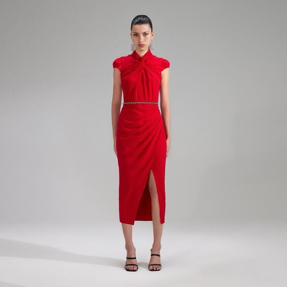 Self-Portrait Red Stretch Crepe Ruched Midi Dress Size 06 In Red - Picture 1 of 5